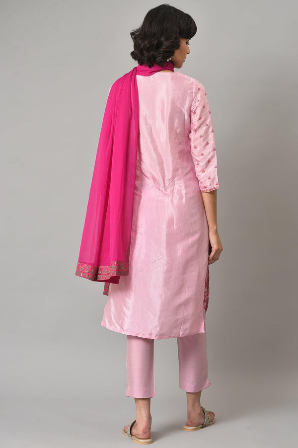 Pink Embroidered Shantung kurta With Slim Pants And Dupatta