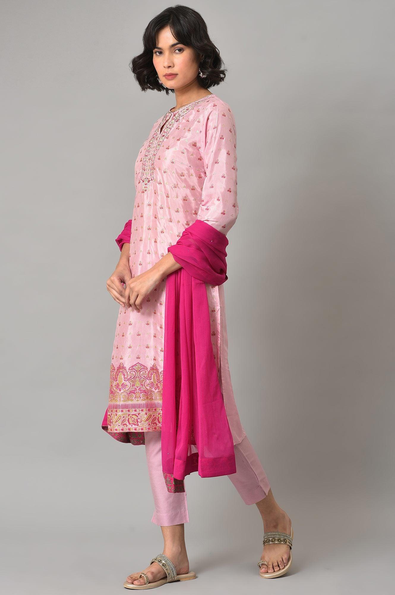 Pink Embroidered Shantung kurta With Slim Pants And Dupatta - wforwoman