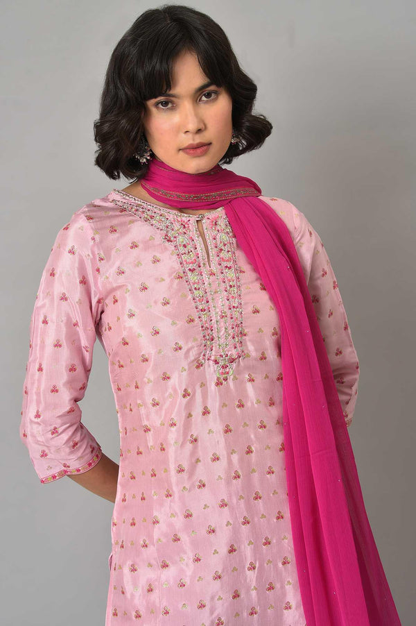Pink Embroidered Shantung kurta With Slim Pants And Dupatta