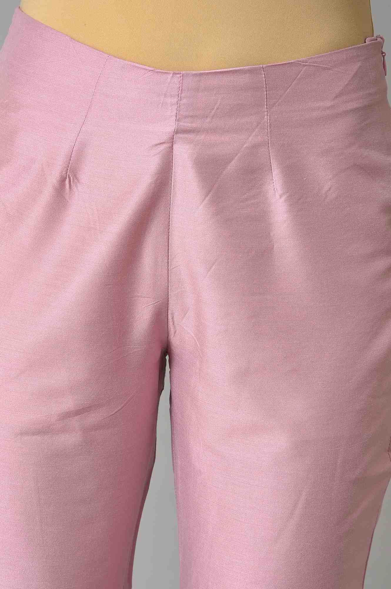 Pink Embroidered Shantung kurta With Slim Pants And Dupatta - wforwoman