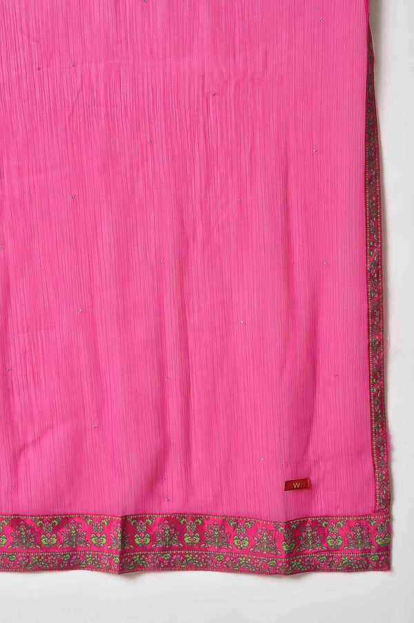 Pink Embroidered Shantung kurta With Slim Pants And Dupatta