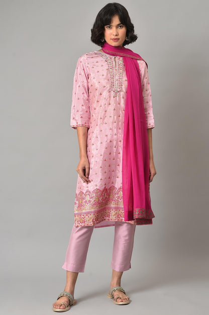 Pink Embroidered Shantung kurta With Slim Pants And Dupatta - wforwoman