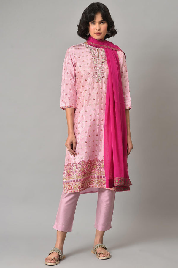 Pink Embroidered Shantung kurta With Slim Pants And Dupatta