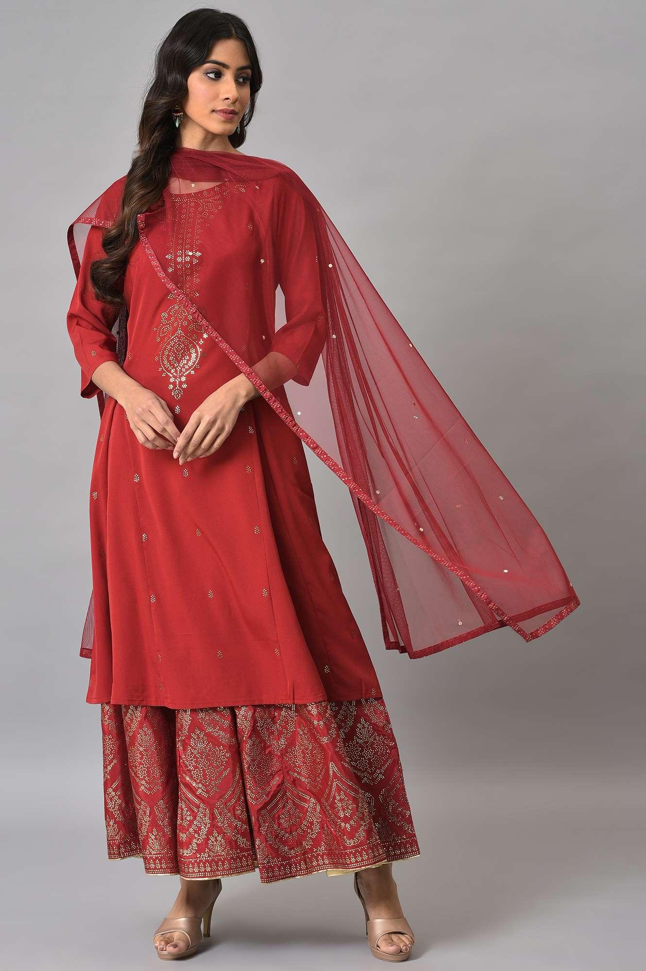 Red Mukaish Printed kurta With Flared Skirt And Mesh Dupatta - wforwoman