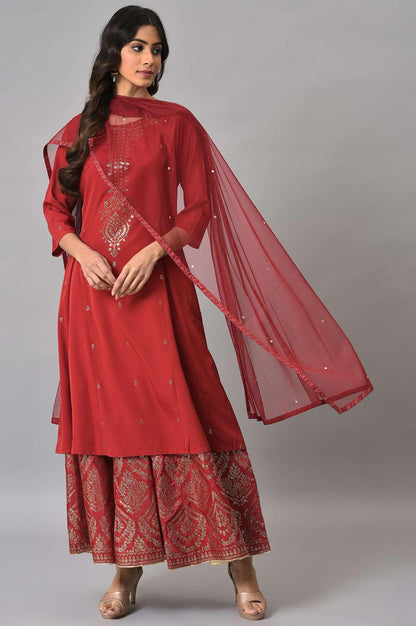 Red Mukaish Printed kurta With Flared Skirt And Mesh Dupatta - wforwoman