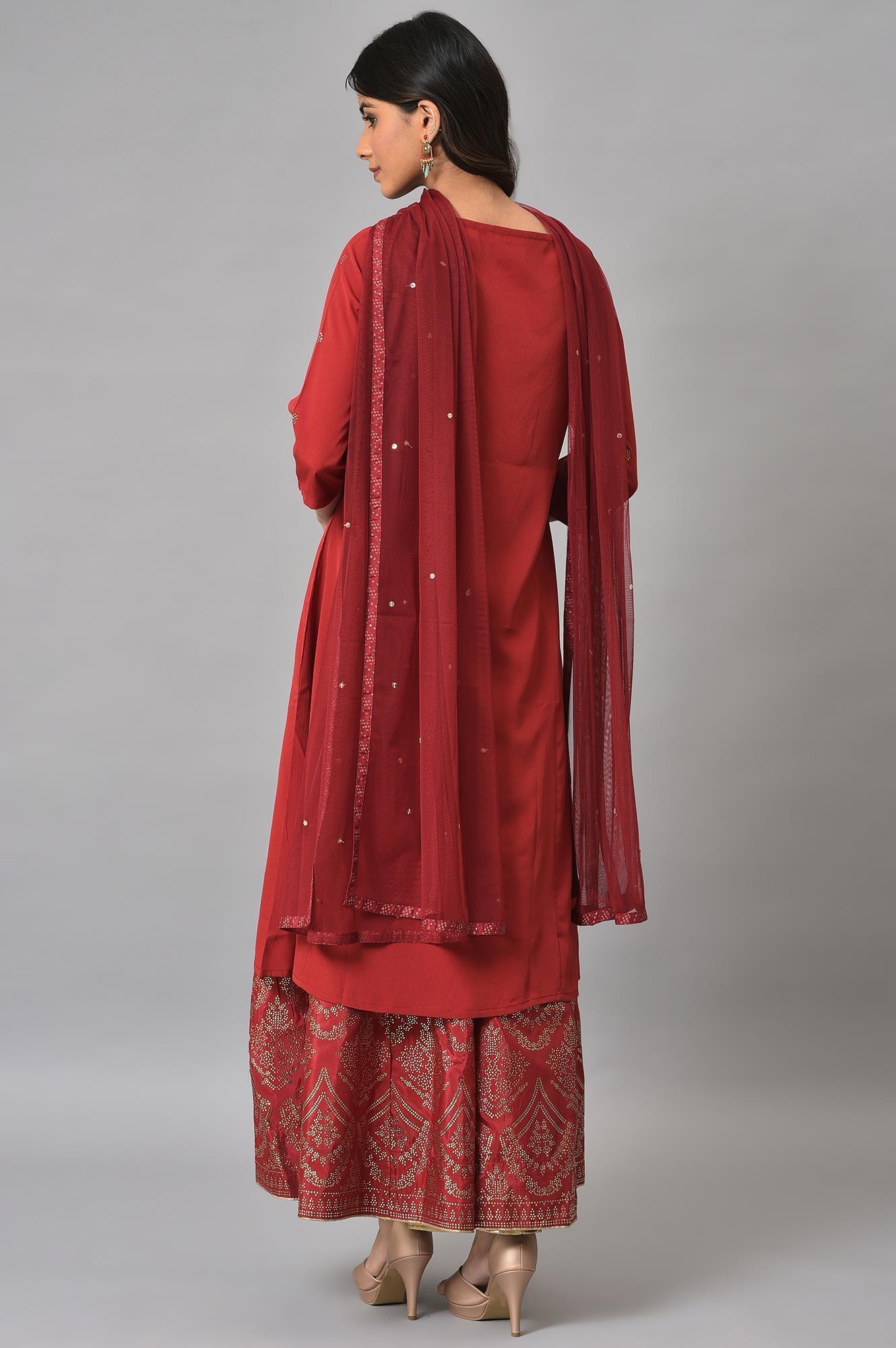 Red Mukaish Printed kurta With Flared Skirt And Mesh Dupatta - wforwoman