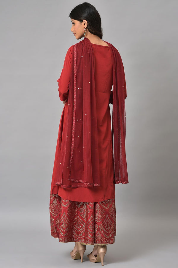 Red Mukaish Printed kurta With Flared Skirt And Mesh Dupatta