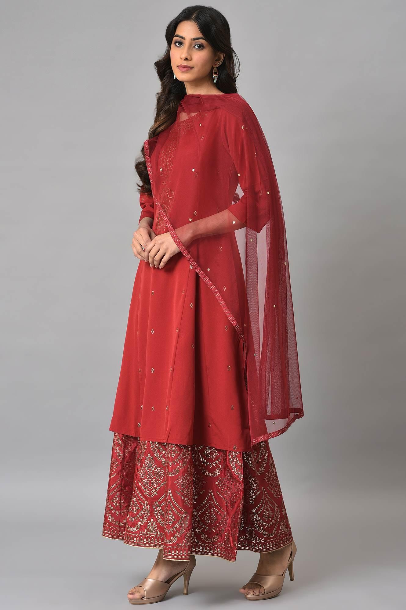 Red Mukaish Printed kurta With Flared Skirt And Mesh Dupatta - wforwoman