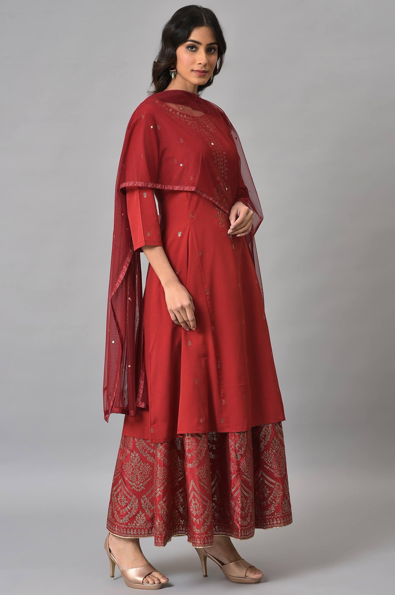 Red Mukaish Printed kurta With Flared Skirt And Mesh Dupatta - wforwoman