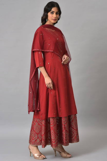 Red Mukaish Printed kurta With Flared Skirt And Mesh Dupatta - wforwoman