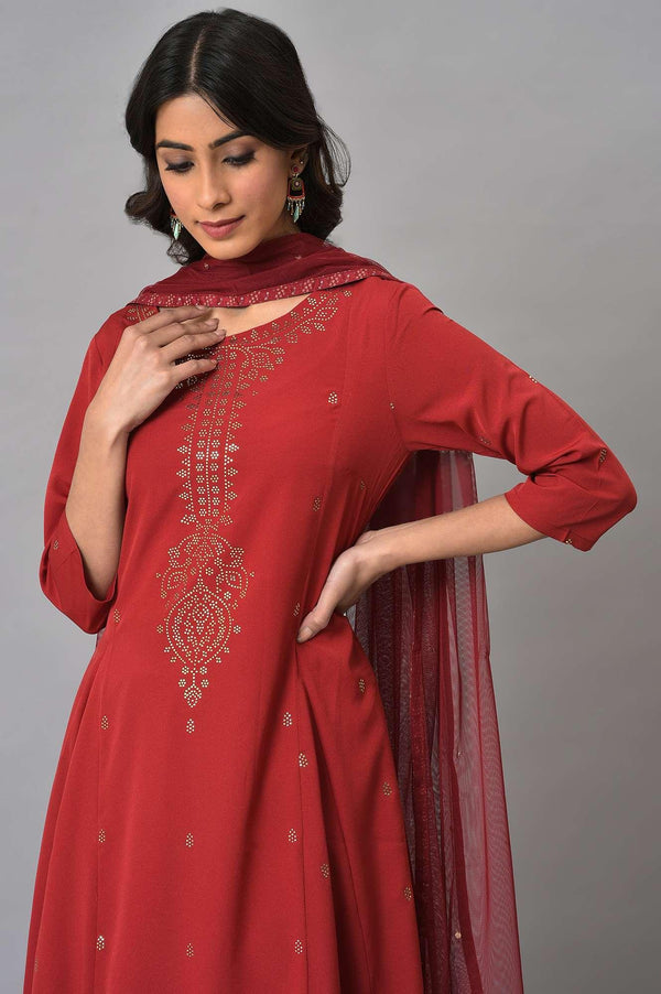 Red Mukaish Printed kurta With Flared Skirt And Mesh Dupatta