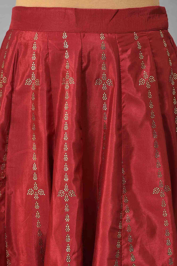 Red Mukaish Printed kurta With Flared Skirt And Mesh Dupatta