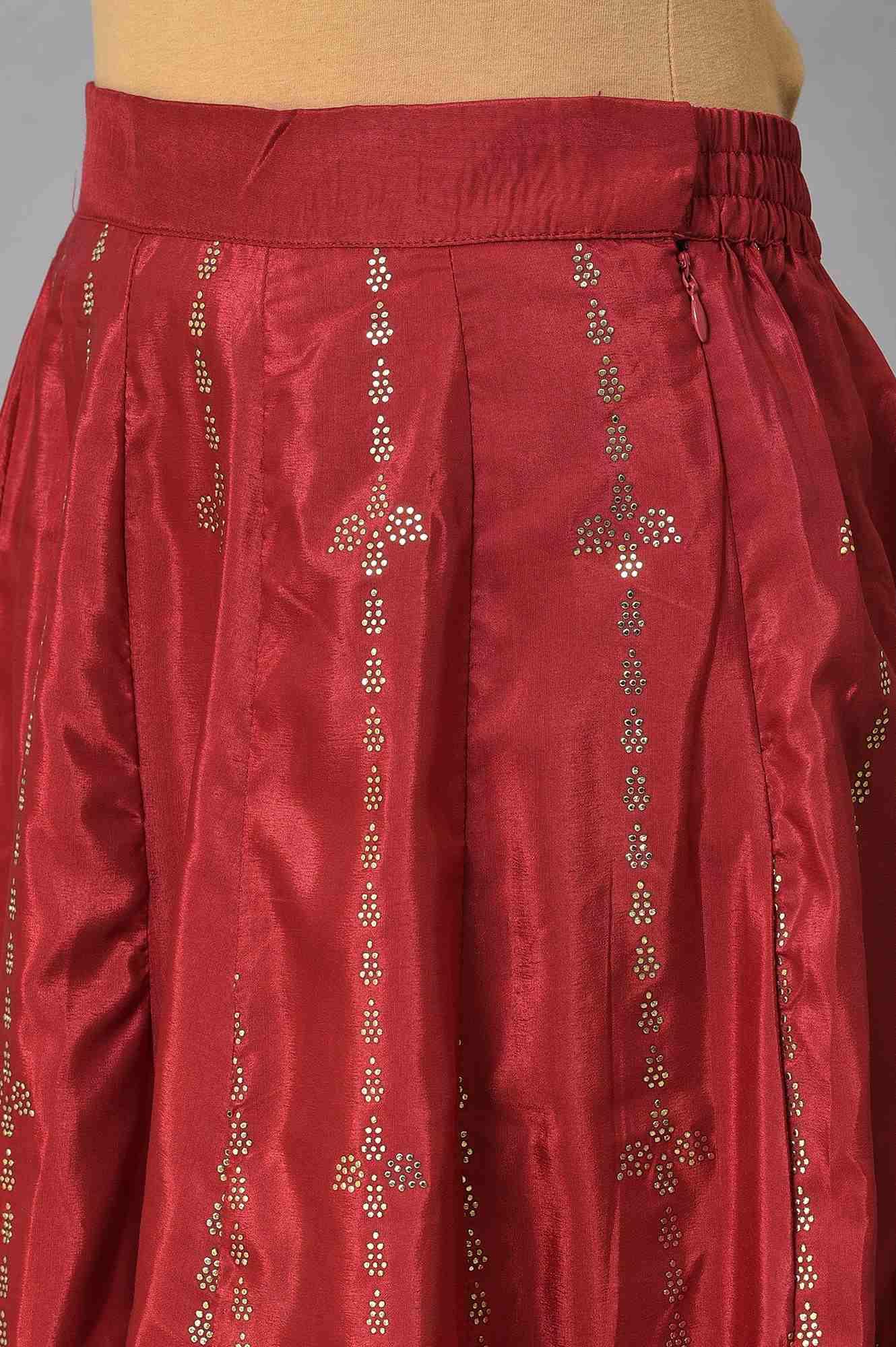 Red Mukaish Printed kurta With Flared Skirt And Mesh Dupatta - wforwoman