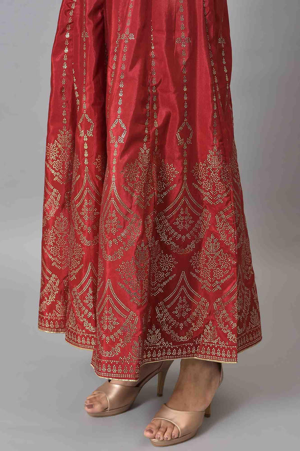 Red Mukaish Printed kurta With Flared Skirt And Mesh Dupatta