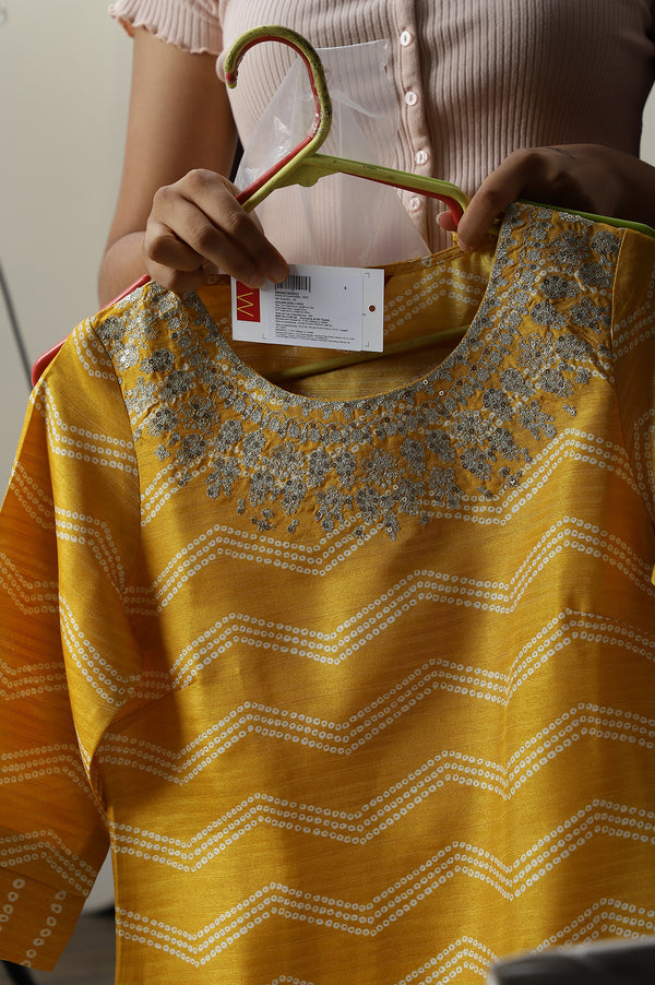 Yellow Bandhani Printed Straight Kurta with Parallel Pants and Dupatta Set