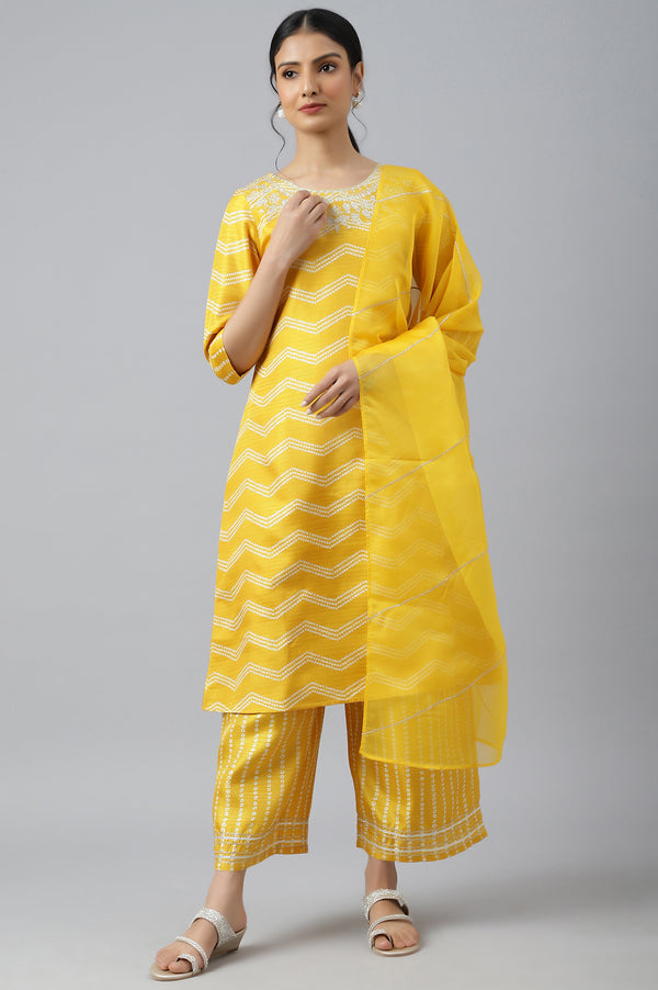 Yellow Bandhani Printed Straight Kurta with Parallel Pants and Dupatta Set