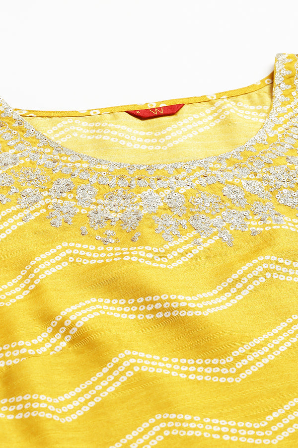Yellow Bandhani Printed Straight Kurta with Parallel Pants and Dupatta Set