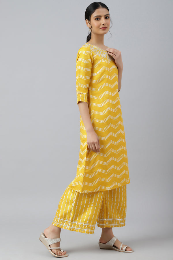 Yellow Bandhani Printed Straight Kurta with Parallel Pants and Dupatta Set