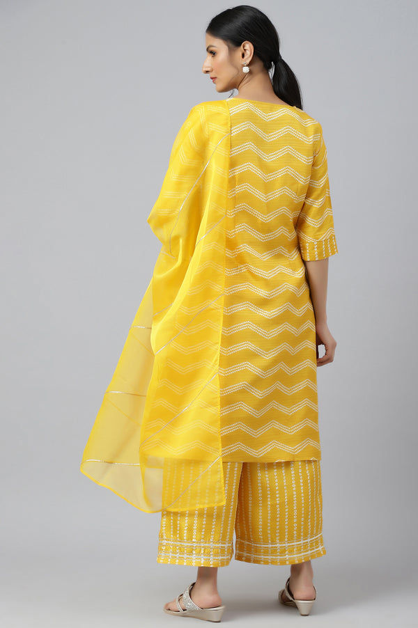 Yellow Bandhani Printed Straight Kurta with Parallel Pants and Dupatta Set