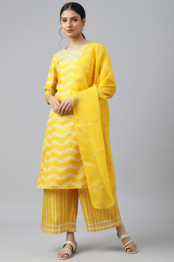 Yellow Bandhani Printed Straight Kurta with Parallel Pants and Dupatta Set