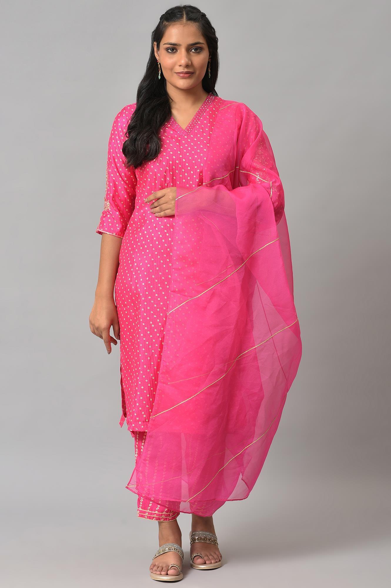 Pink Bandhani Printed Embroidered kurta With Pants And Organza Dupatta - wforwoman