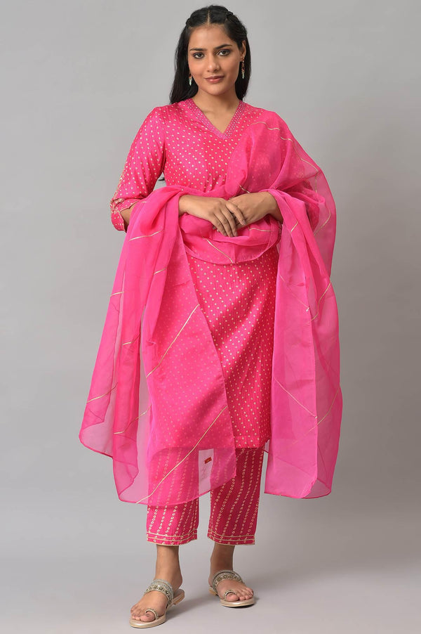 Pink Bandhani Printed Embroidered kurta With Pants And Organza Dupatta