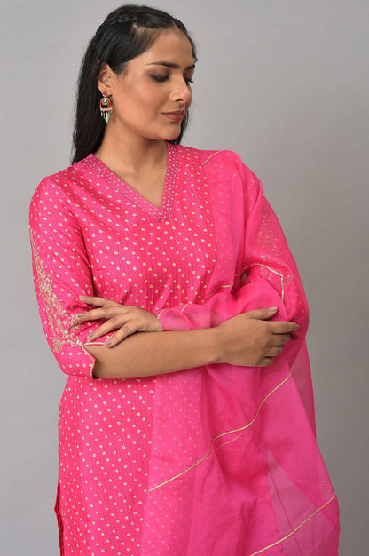 Pink Bandhani Printed Embroidered kurta With Pants And Organza Dupatta - wforwoman