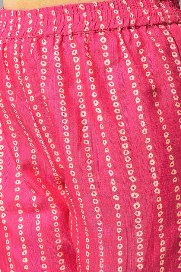 Pink Bandhani Printed Embroidered kurta With Pants And Organza Dupatta