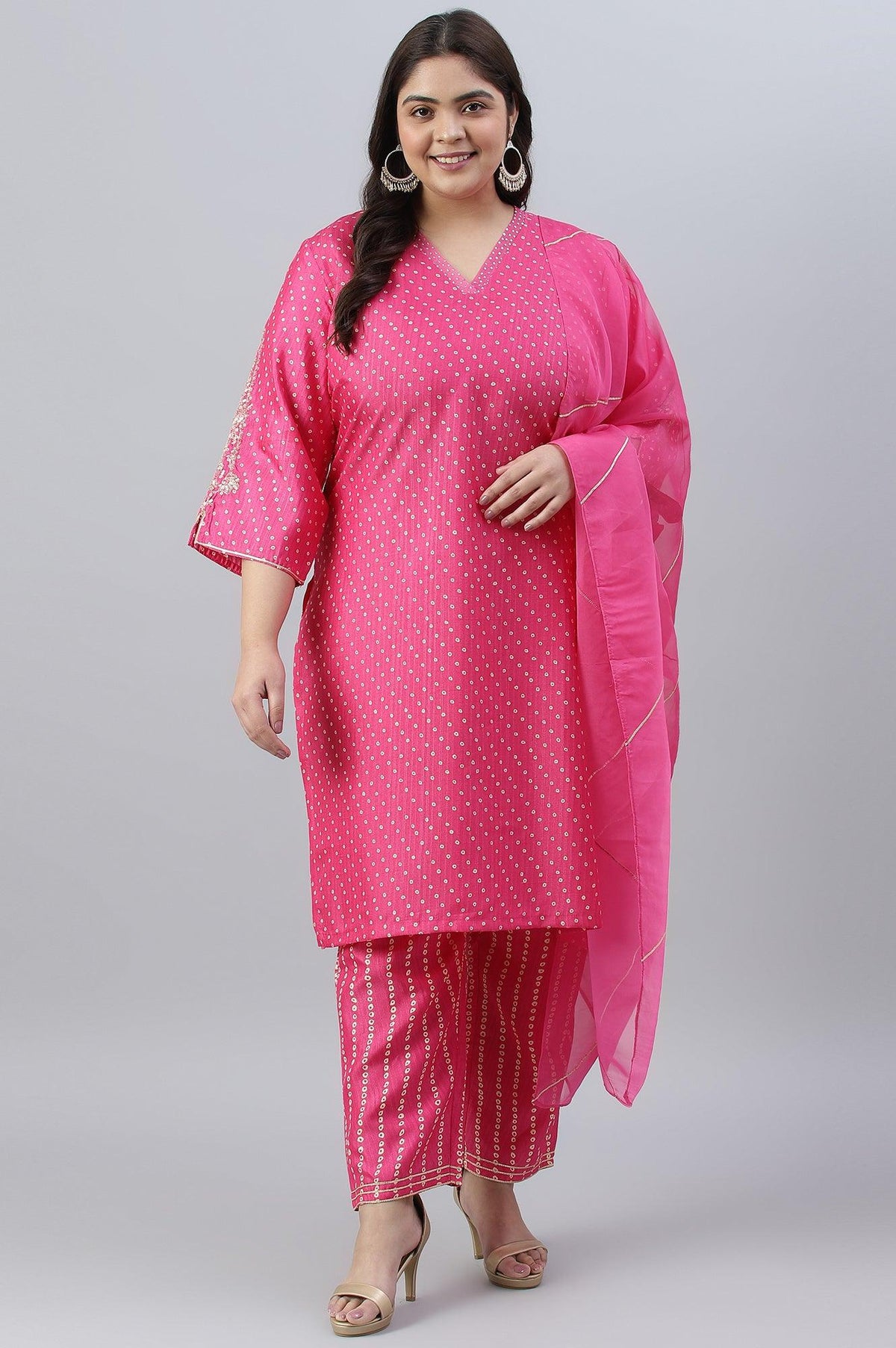 Plus Size Pink Bandhani Printed Embroidered kurta With Pants And Organza Dupatta - XS