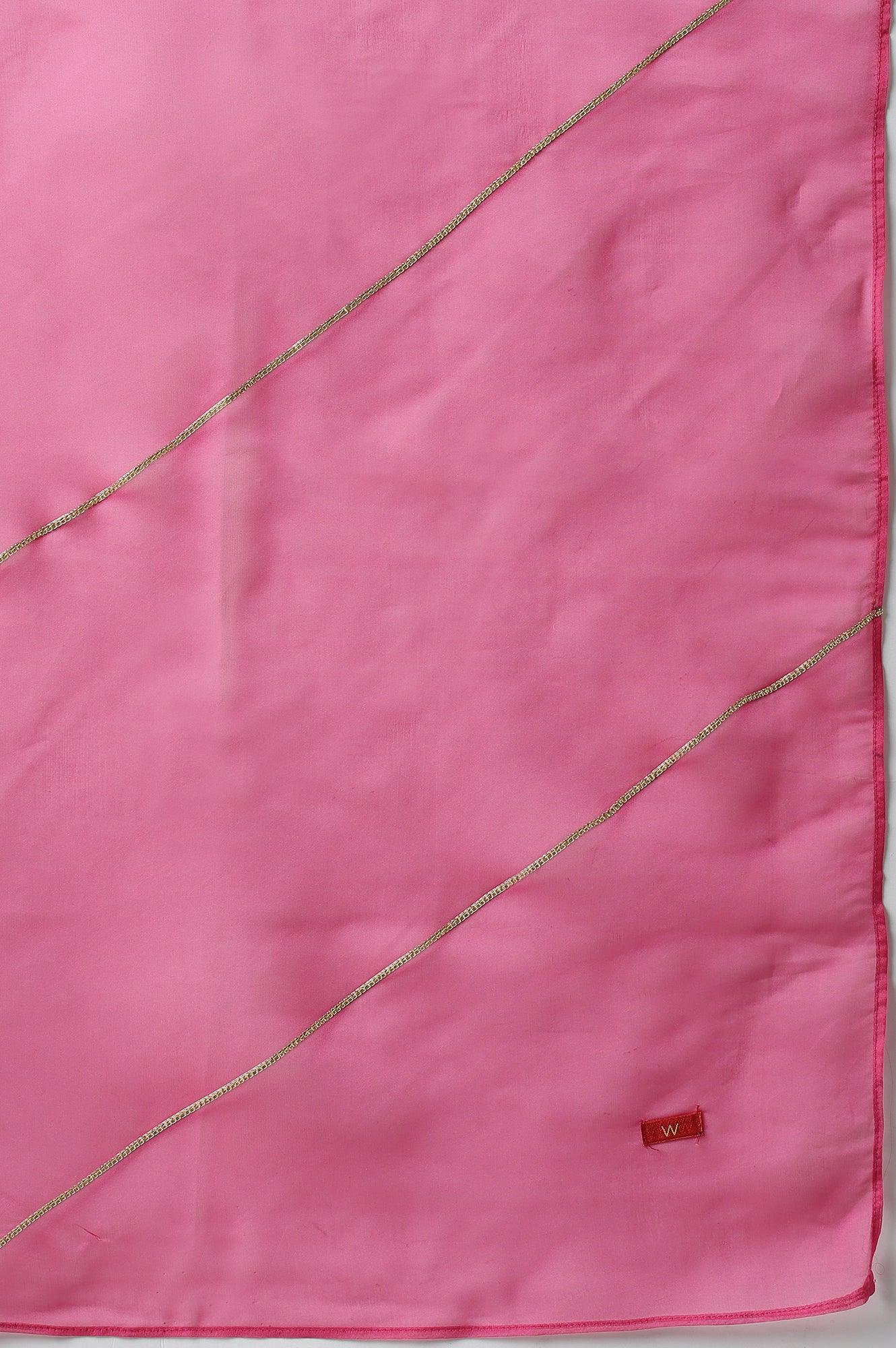 Plus Size Pink Bandhani Printed Embroidered kurta With Pants And Organza Dupatta - wforwoman