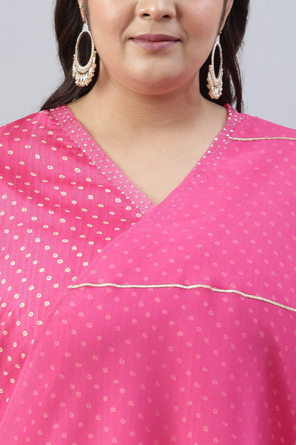 Plus Size Pink Bandhani Printed Embroidered kurta With Pants And Organza Dupatta - wforwoman