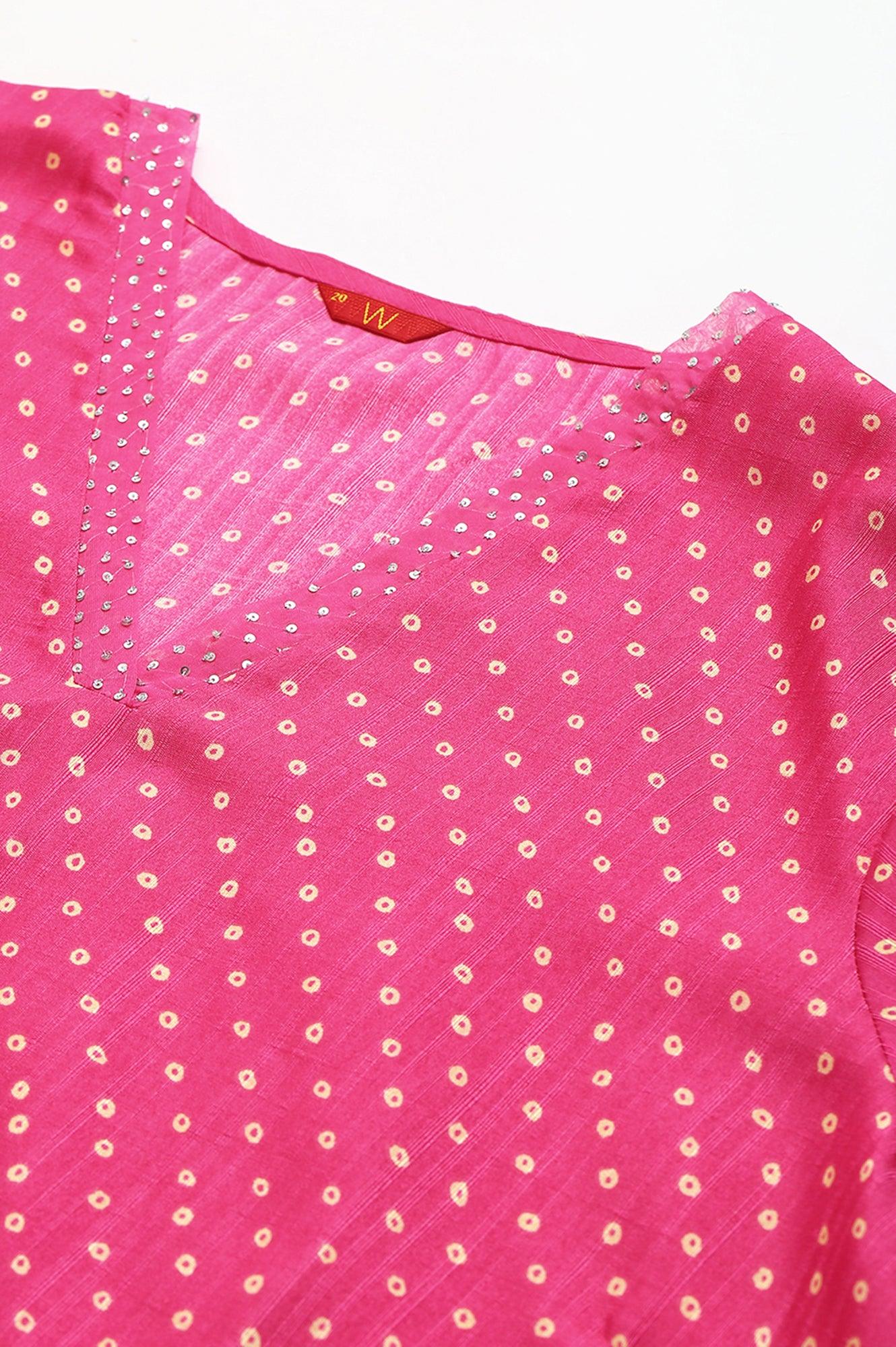 Plus Size Pink Bandhani Printed Embroidered kurta With Pants And Organza Dupatta - wforwoman