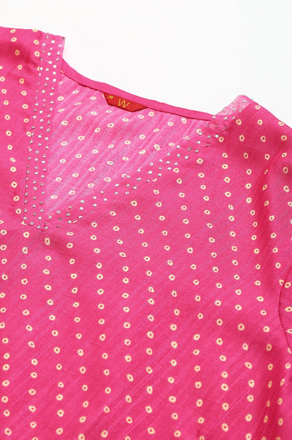 Plus Size Pink Bandhani Printed Embroidered kurta With Pants And Organza Dupatta