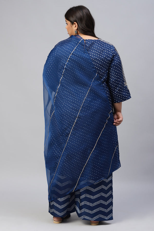 Blue Plus Size Bandhani Printed kurta With Bandhani Pants And Organza Dupatta