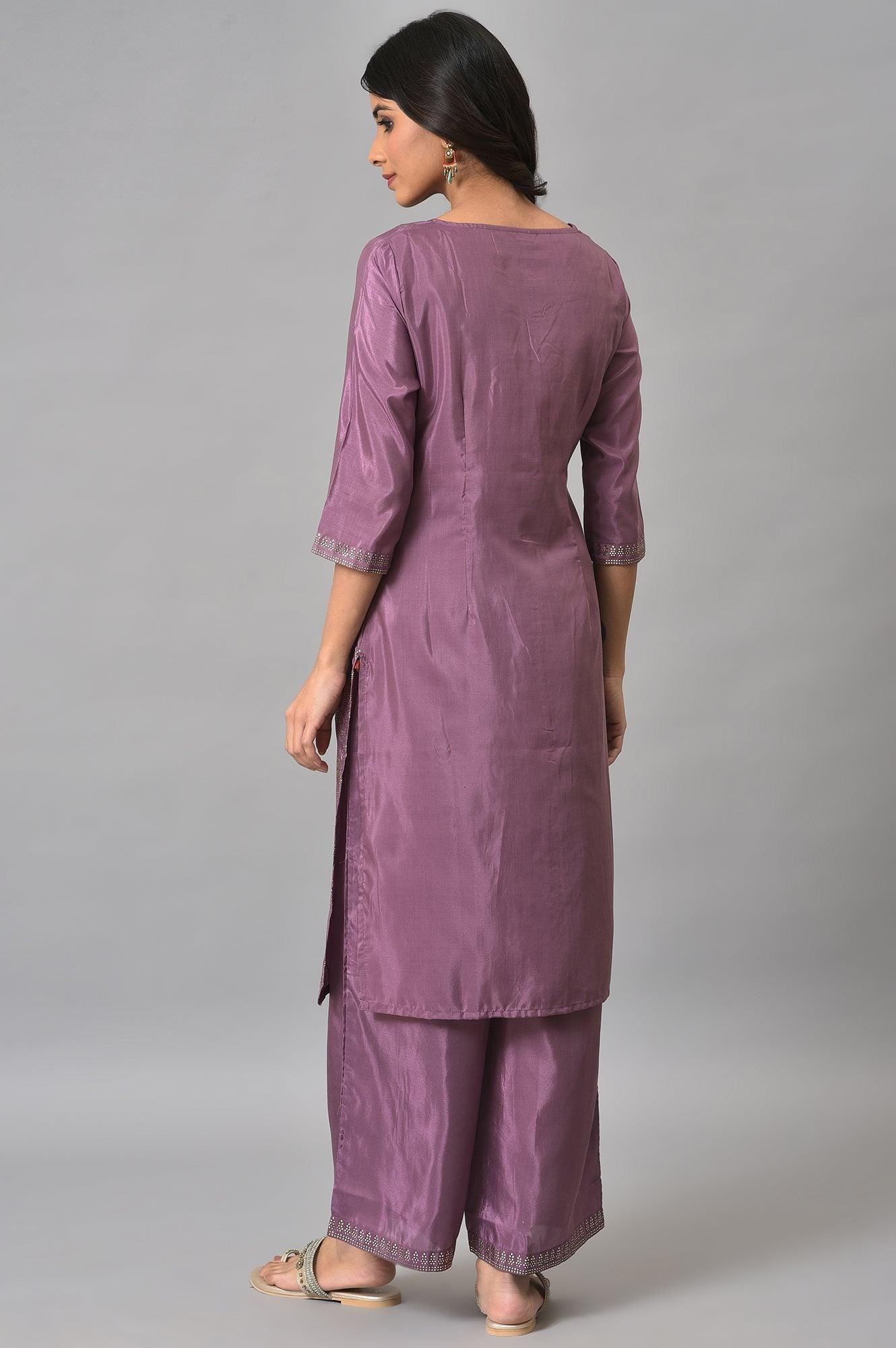 Purple Silver Mukaish Festive kurta With Parallel Pants - wforwoman