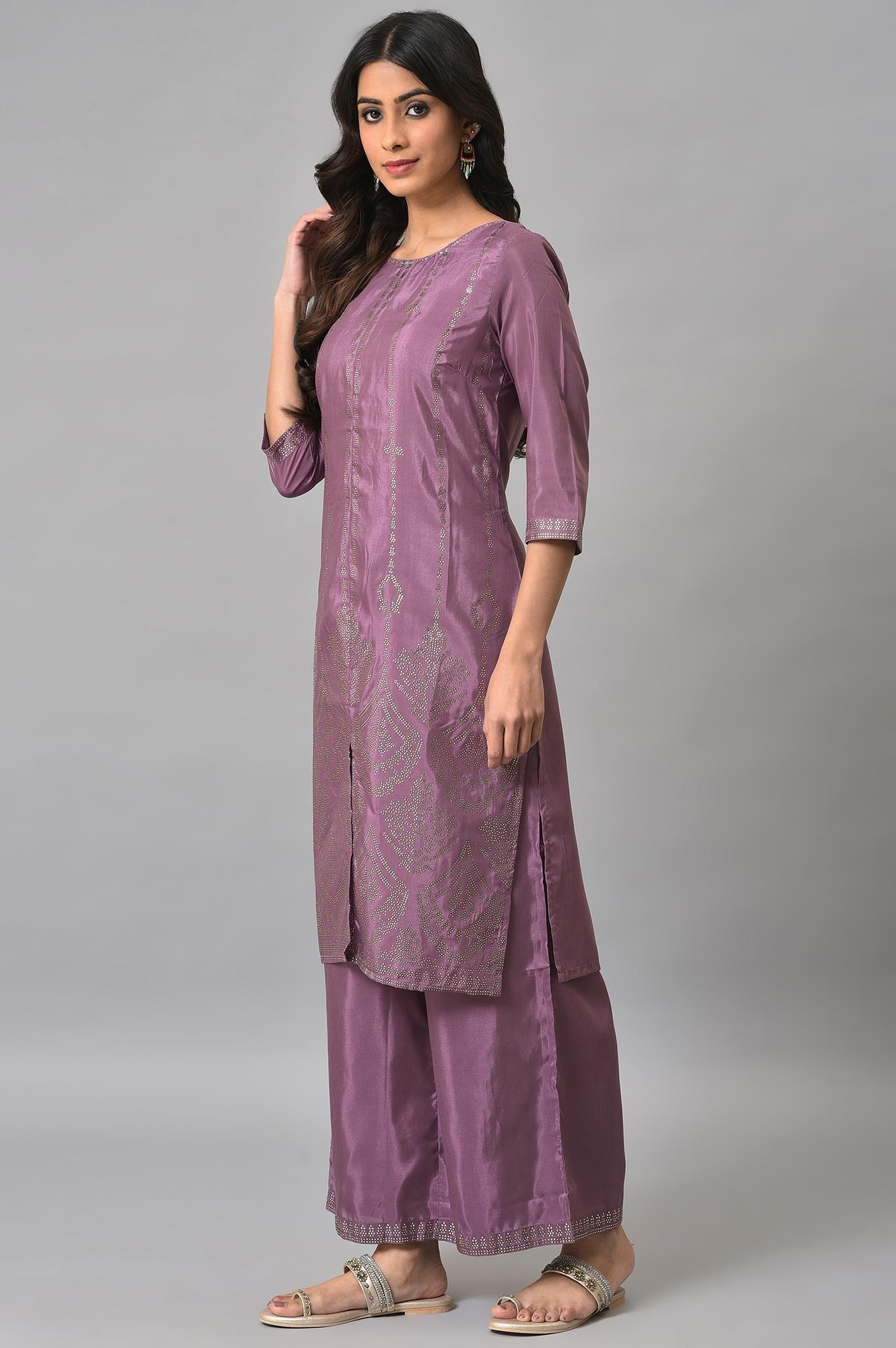 Purple Silver Mukaish Festive kurta With Parallel Pants - wforwoman