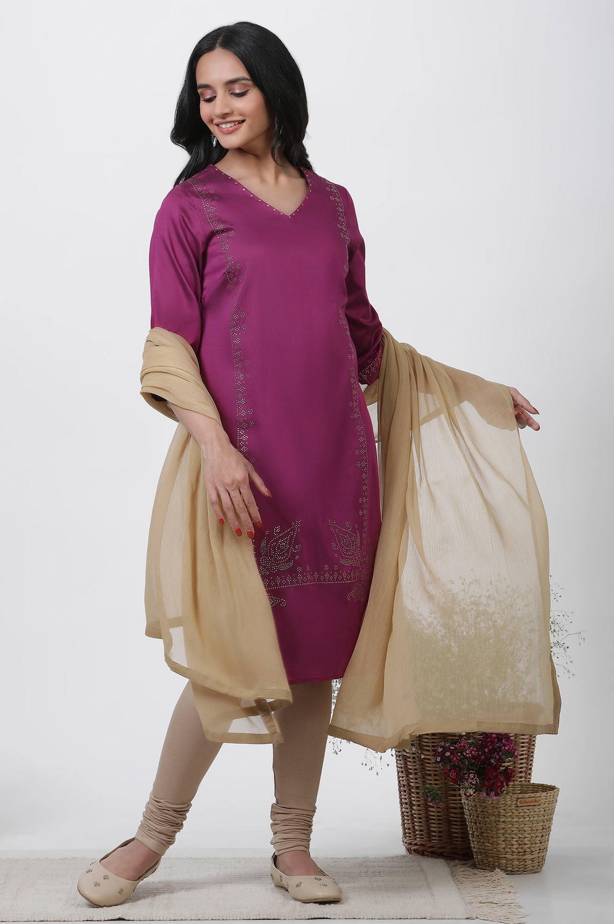 Magenta Mukaish Straight Kurta, Churidar And Dupatta Set - XS