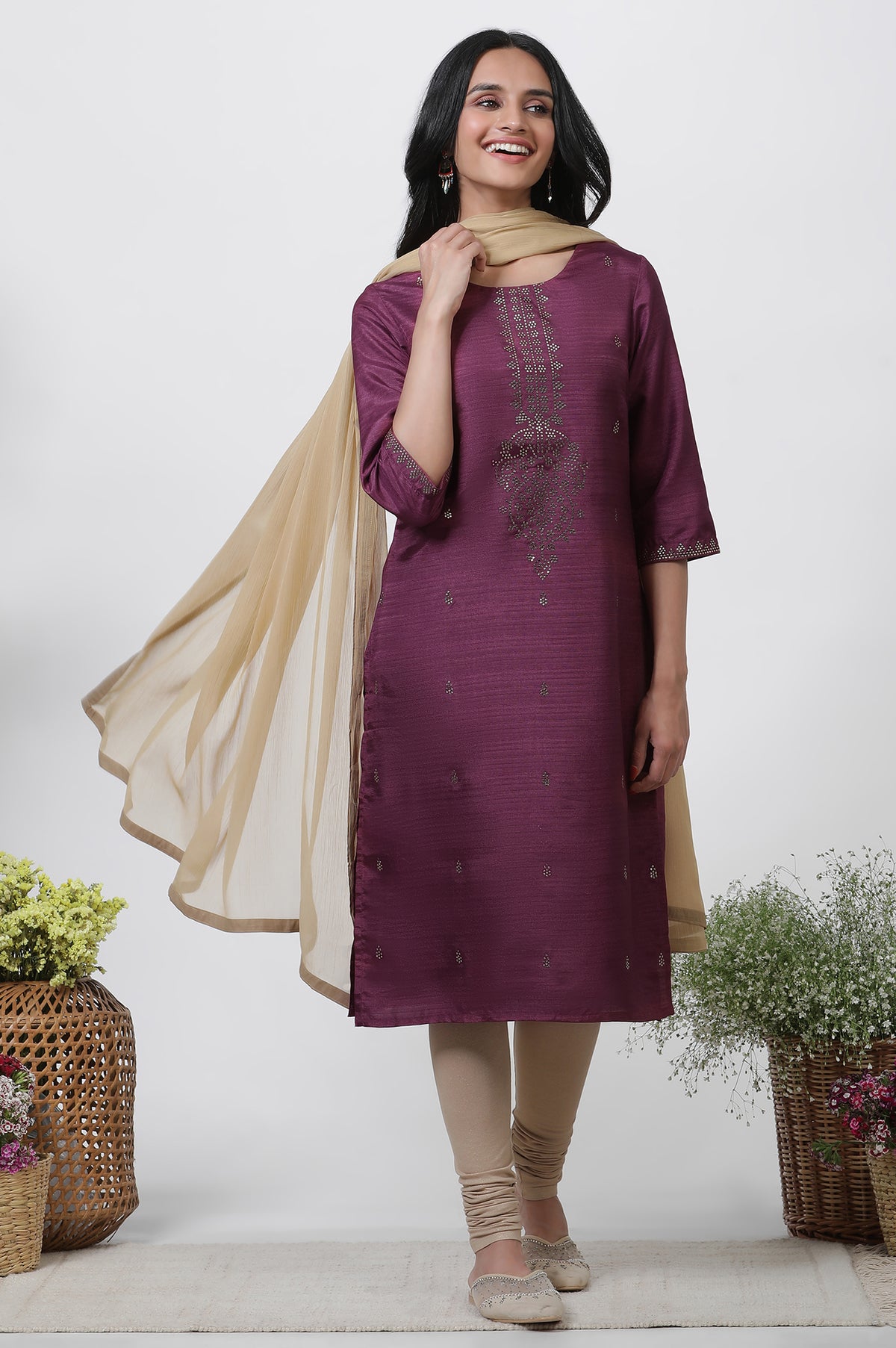 Purple Karnatka Silk Mukaish Kurta, Churidar And Dupatta Set - XS
