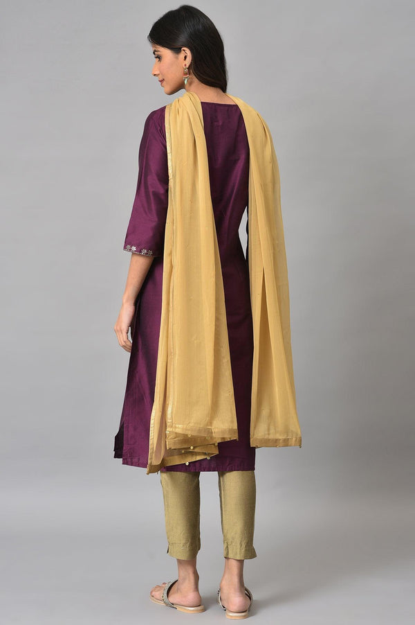 Dark Pink Mukaish Placement Print kurta With Golden Pants And Dupatta
