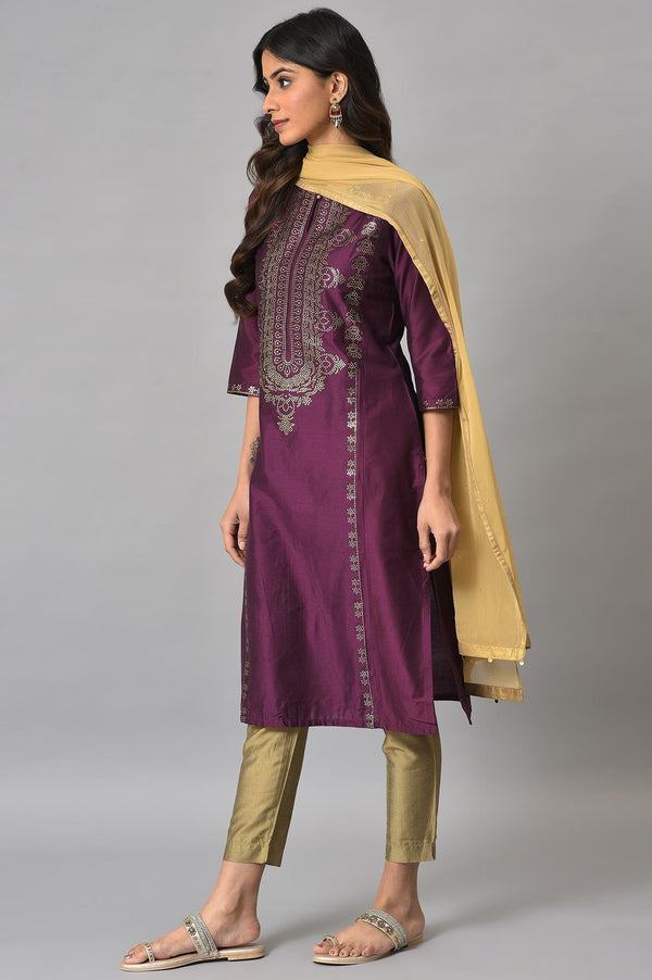Dark Pink Mukaish Placement Print kurta With Golden Pants And Dupatta