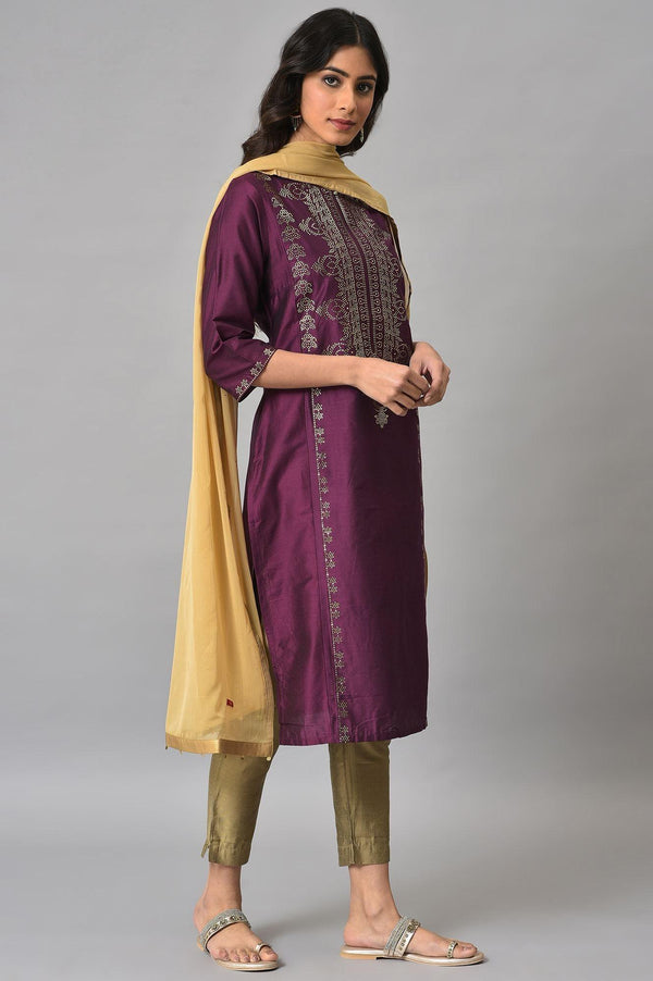 Dark Pink Mukaish Placement Print kurta With Golden Pants And Dupatta