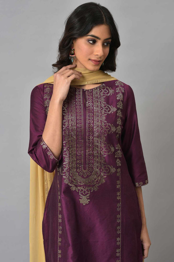 Dark Pink Mukaish Placement Print kurta With Golden Pants And Dupatta