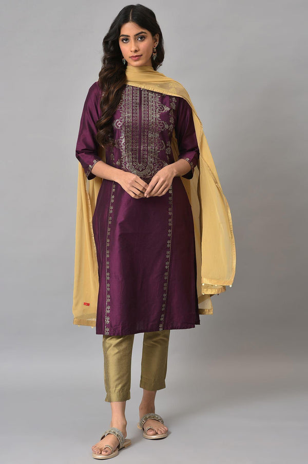 Dark Pink Mukaish Placement Print kurta With Golden Pants And Dupatta