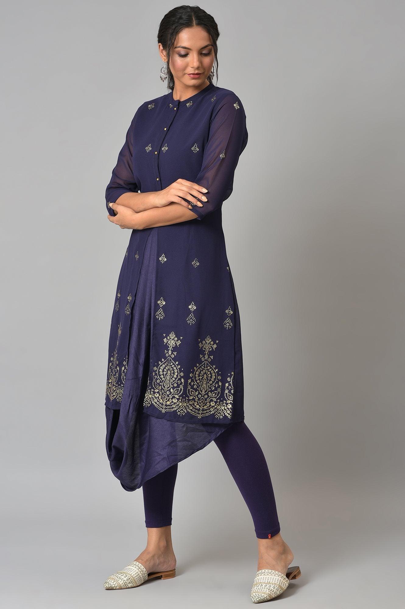 Grape Purple Cowled Hemline kurta With Tights - wforwoman