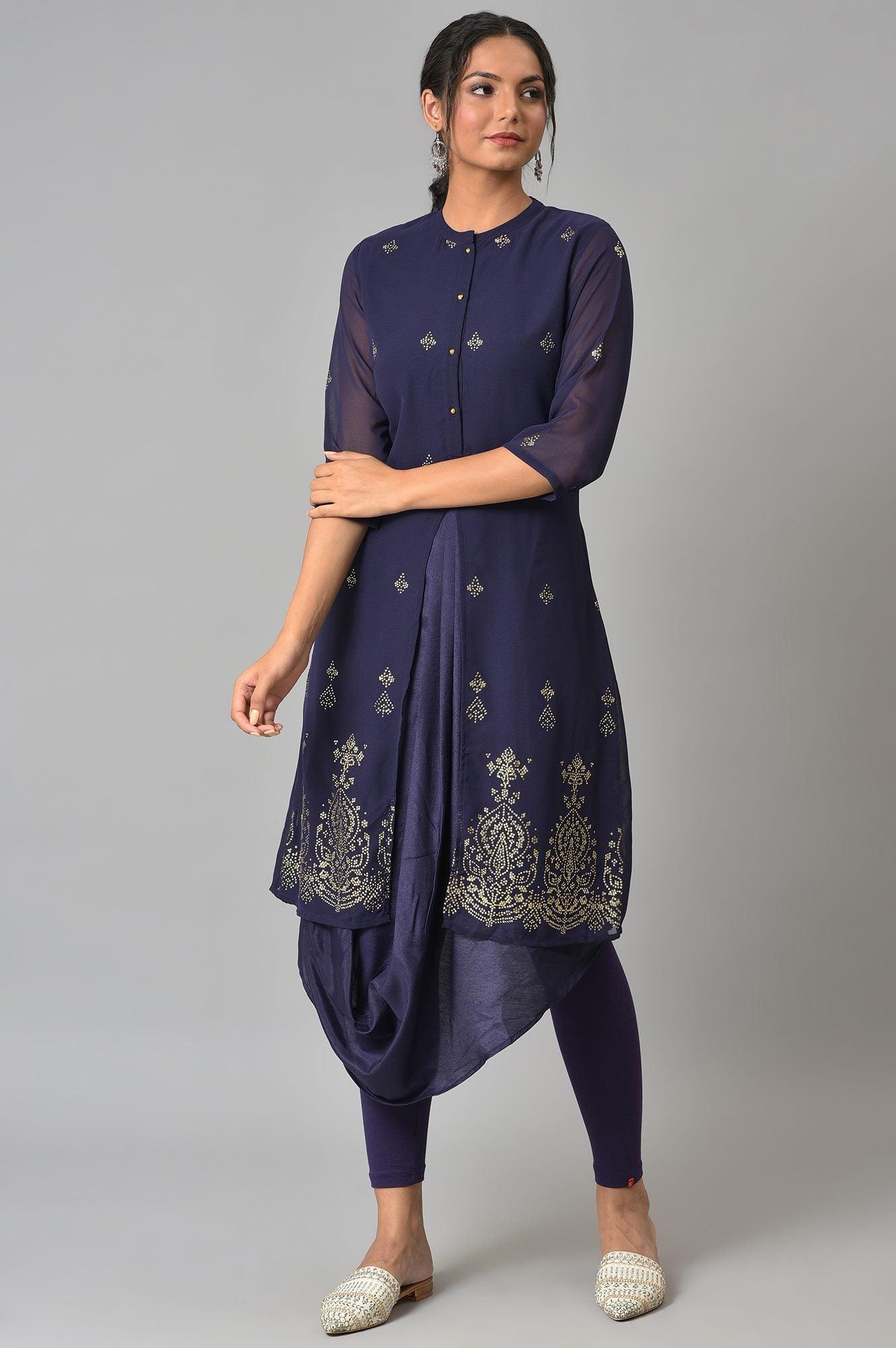 Grape Purple Cowled Hemline kurta With Tights - wforwoman