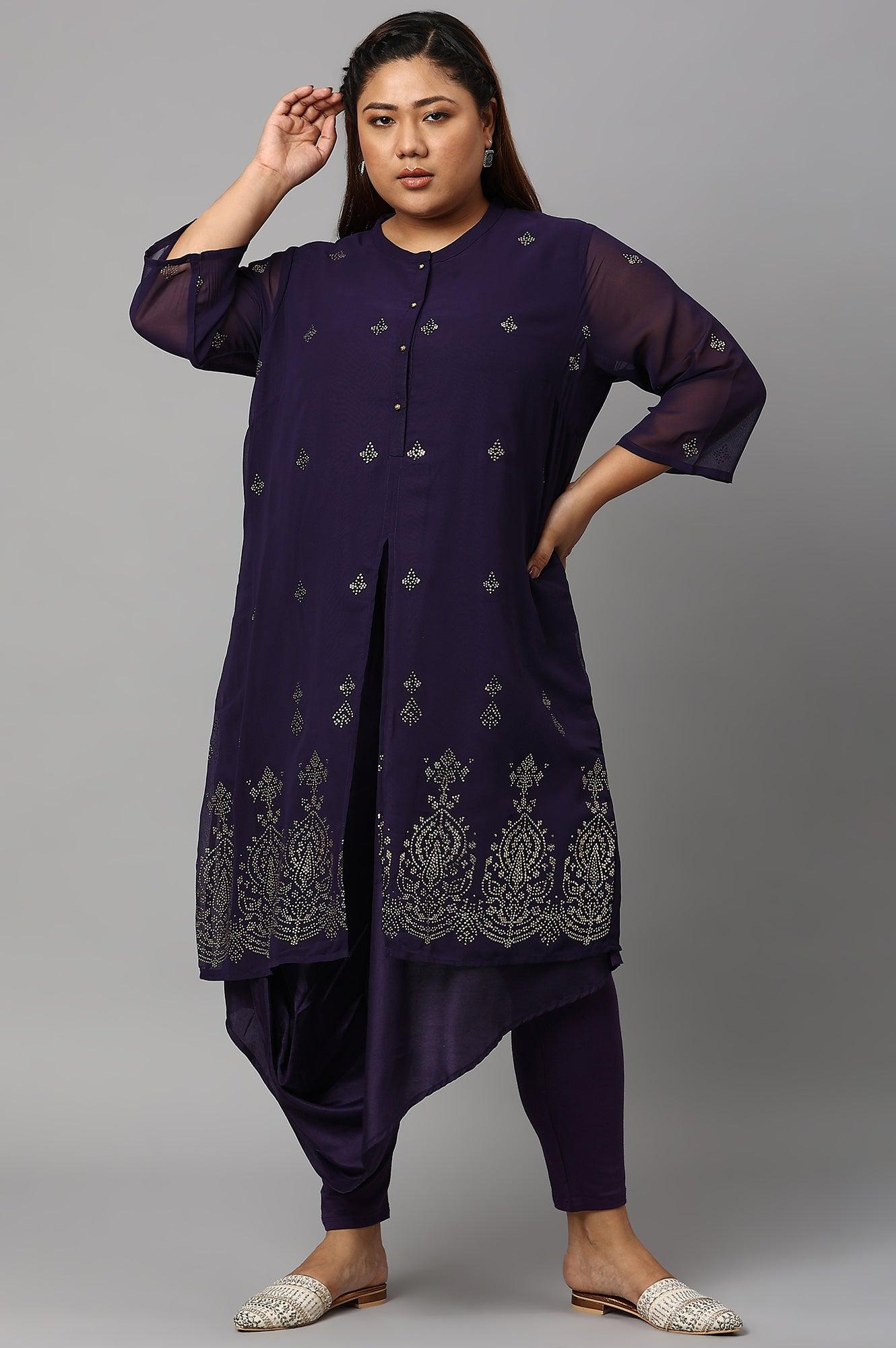 Plus Size Grape Purple Cowled Hemline kurta With Tights - wforwoman