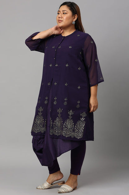 Plus Size Grape Purple Cowled Hemline kurta With Tights - wforwoman