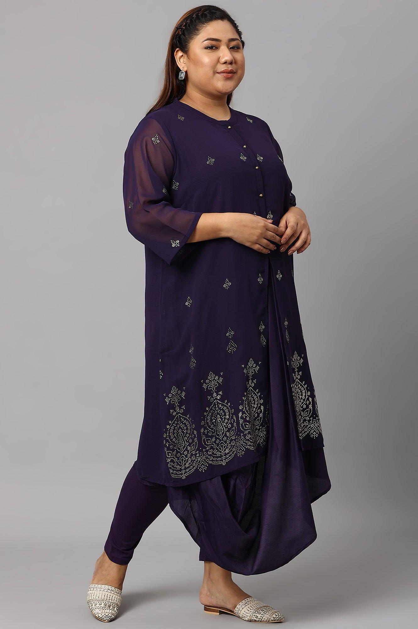 Plus Size Grape Purple Cowled Hemline kurta With Tights - wforwoman