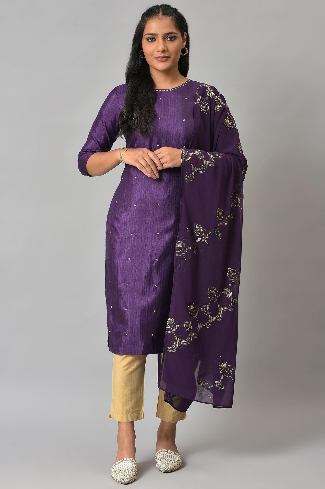 Deep Purple Karnatka Silk kurta With Green Slim Pants And Mukaish Dupatta - wforwoman