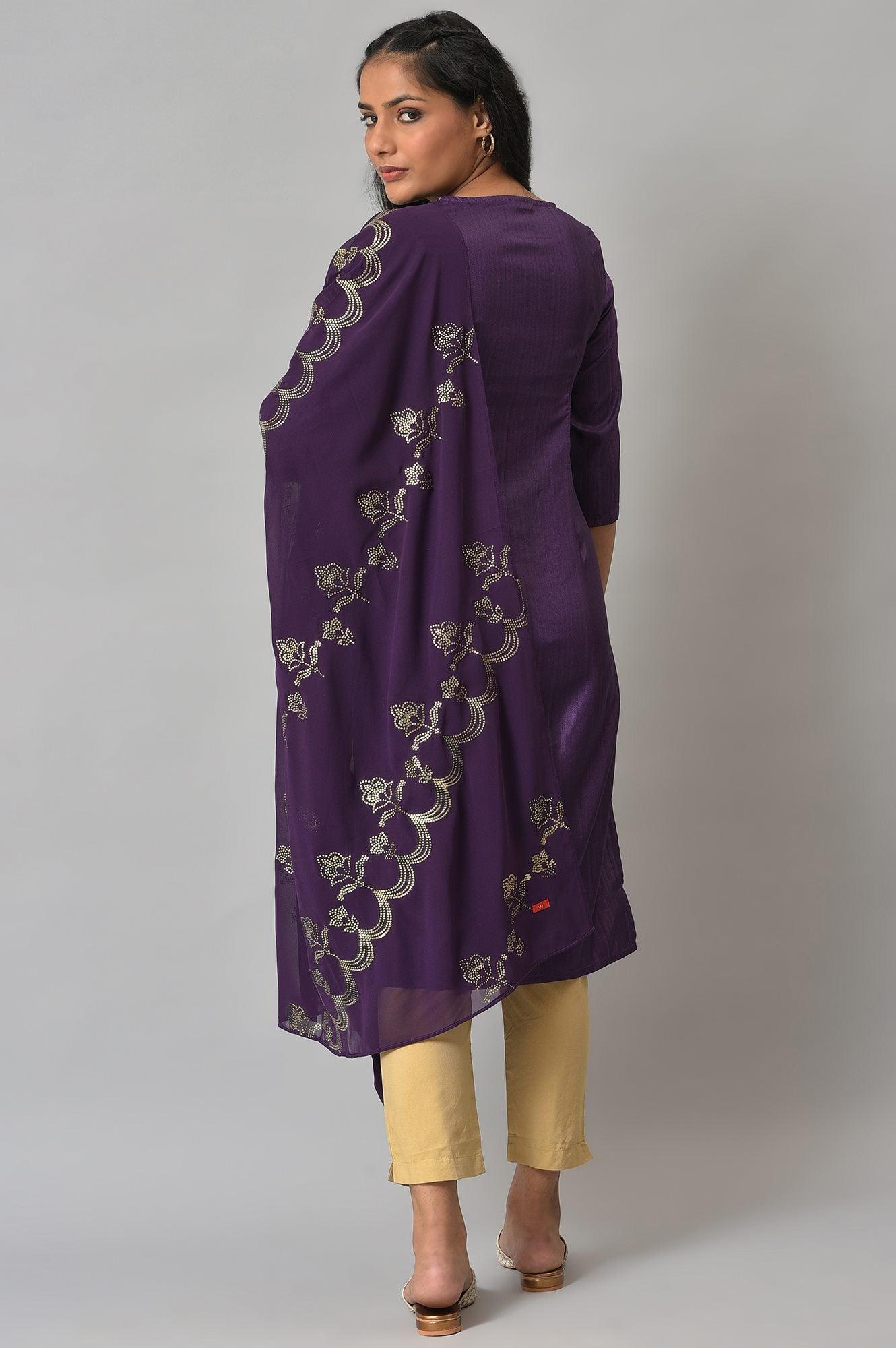 Deep Purple Karnatka Silk kurta With Green Slim Pants And Mukaish Dupatta - wforwoman